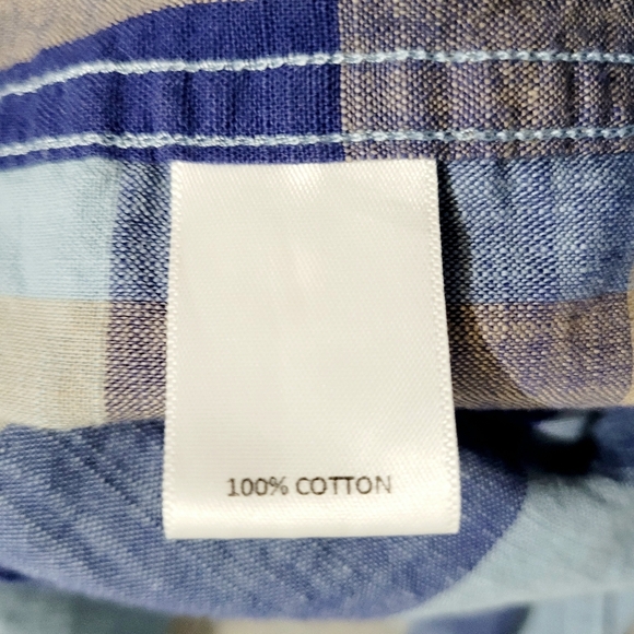 Solaris Men's Plaid Short Sleeve Button-Up Shirt Size M Blue Beige 100% Cotton - Picture 9 of 10